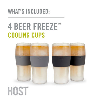 HOST Freeze Beer Glasses, 16 ounce Freezer Gel Chiller Double Wall Plastic Frozen Pint Glass, Set of 4, Black and Grey