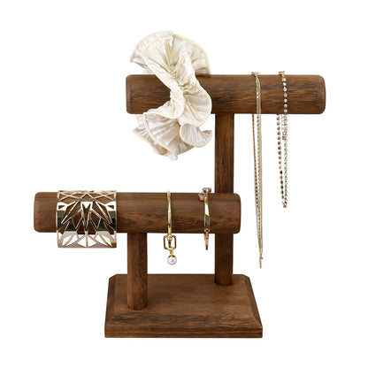 Ikee Design 2 Tier Wooden Jewelry Bracelet Watch Display Tower, Bangle Scrunchie Necklace Holder Storage Stand, 7.9 W x 4.3 D x 9.4 H in, Brown Color
