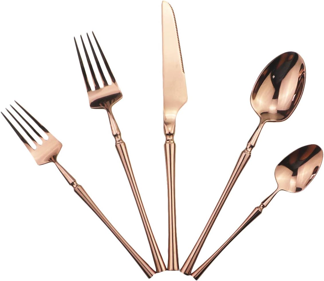 Copper Silverware Set, 5-Piece 18/10 Stainless Steel Flatware Cutlery Set, Mirror Finish, Dishwasher Safe
