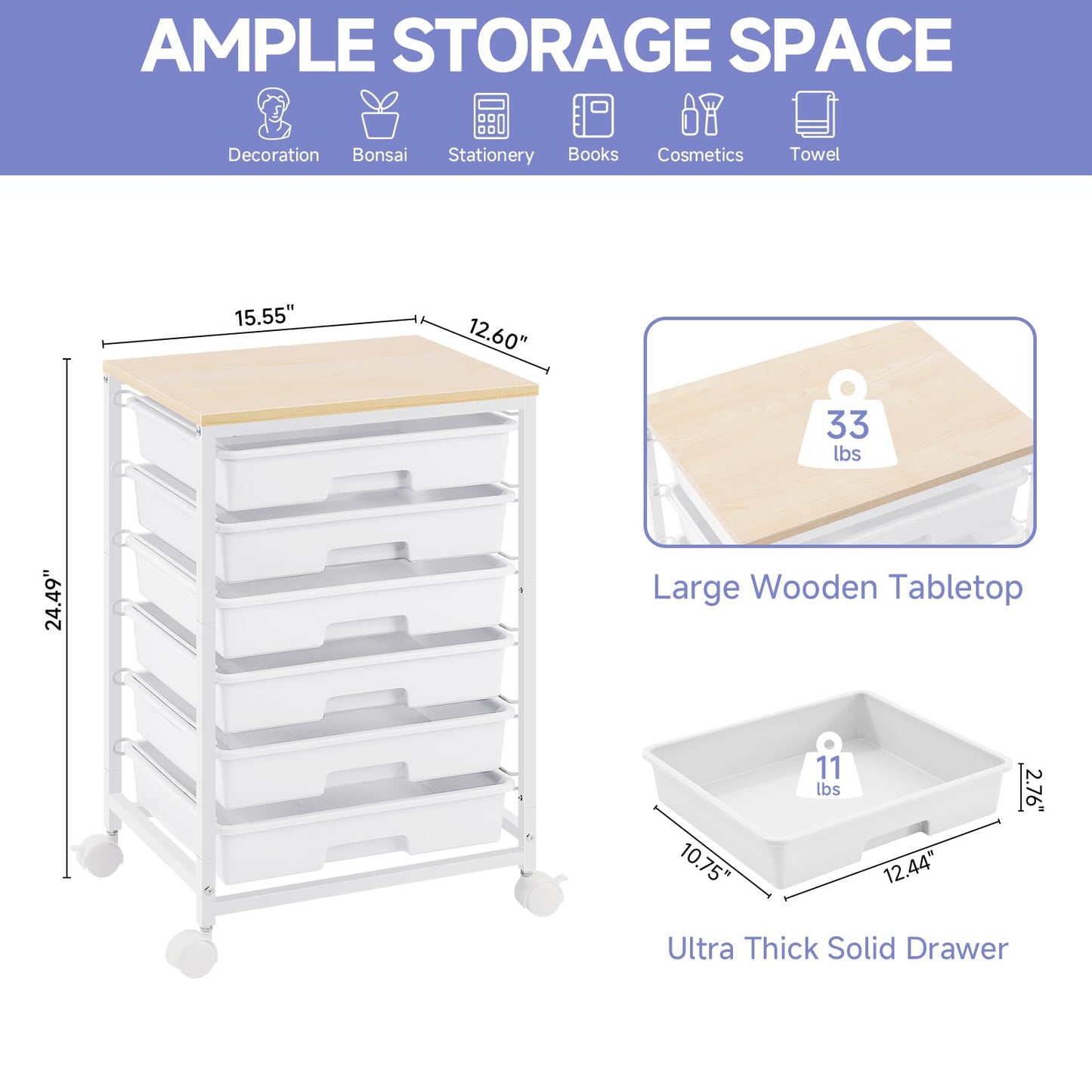 SYKIARIOL Rolling Cart with Drawers,Utility Cart with 6 Drawers,Rolling Storage Cart with Drawers and Wooden Tabletop & Lockable Wheel,White