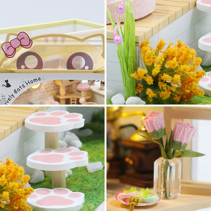Cat Cafe Wooden Miniature Dollhouse Kit DIY Pet Cat Coffee Shop Building Model Accessories with Furniture LED Light Music Box Birthday (Without Dust Cover)