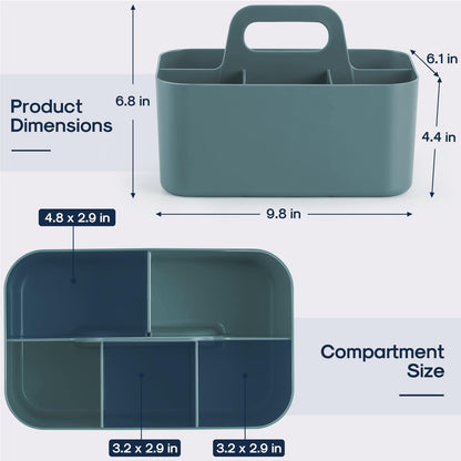 Multiuse Caddy Organizer with Handle, Portable Divided Plastic Tote Bin - Art Craft, Stationary Pen Marker Crayons, Makeup Hair Supplies Storage - Bathroom, Classroom, Dorm, Office, Desk Holder - Cyan