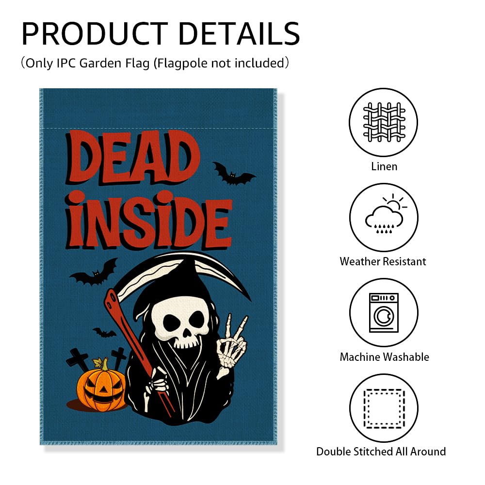 Gkodw Dead Inside Garden Flag, Funny Pumpkin Spooky Yard Flag for Outside, Welcome Autumn Fall Halloween Front Porch Lawn Decoration, Funny Skeleton Peace Sign Home Banner