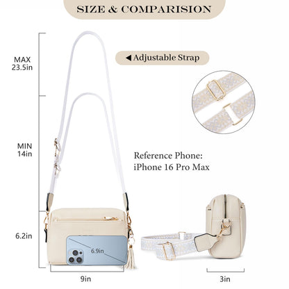 Roulens Triple Zip Small Crossbody Bag for women,Wide Strap Cell Phone Purse Shoulder Handbag Wallet with Credit Card Slots