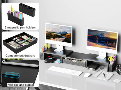 Spacrea Metal Desk Organizers and Accessories, Dual Monitor Stand Riser with Drawer and 2 Pen Holders, Book Racks, Desk Accessories & Workspace Desktop Organizers for Office Supplies (Black)