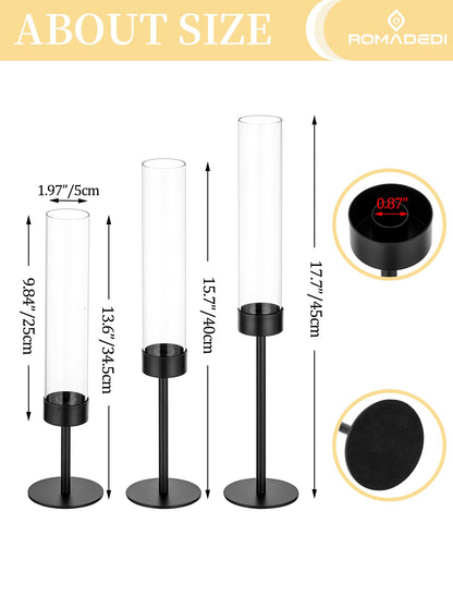 Romadedi Black Candlestick Holders Hurricane - Metal Taper Candle Holder Bulk Tall Windproof Glass Cylinder for Indoor Outdoor Table Centerpiece Christmas Halloween Modern Home Decor Set of 6