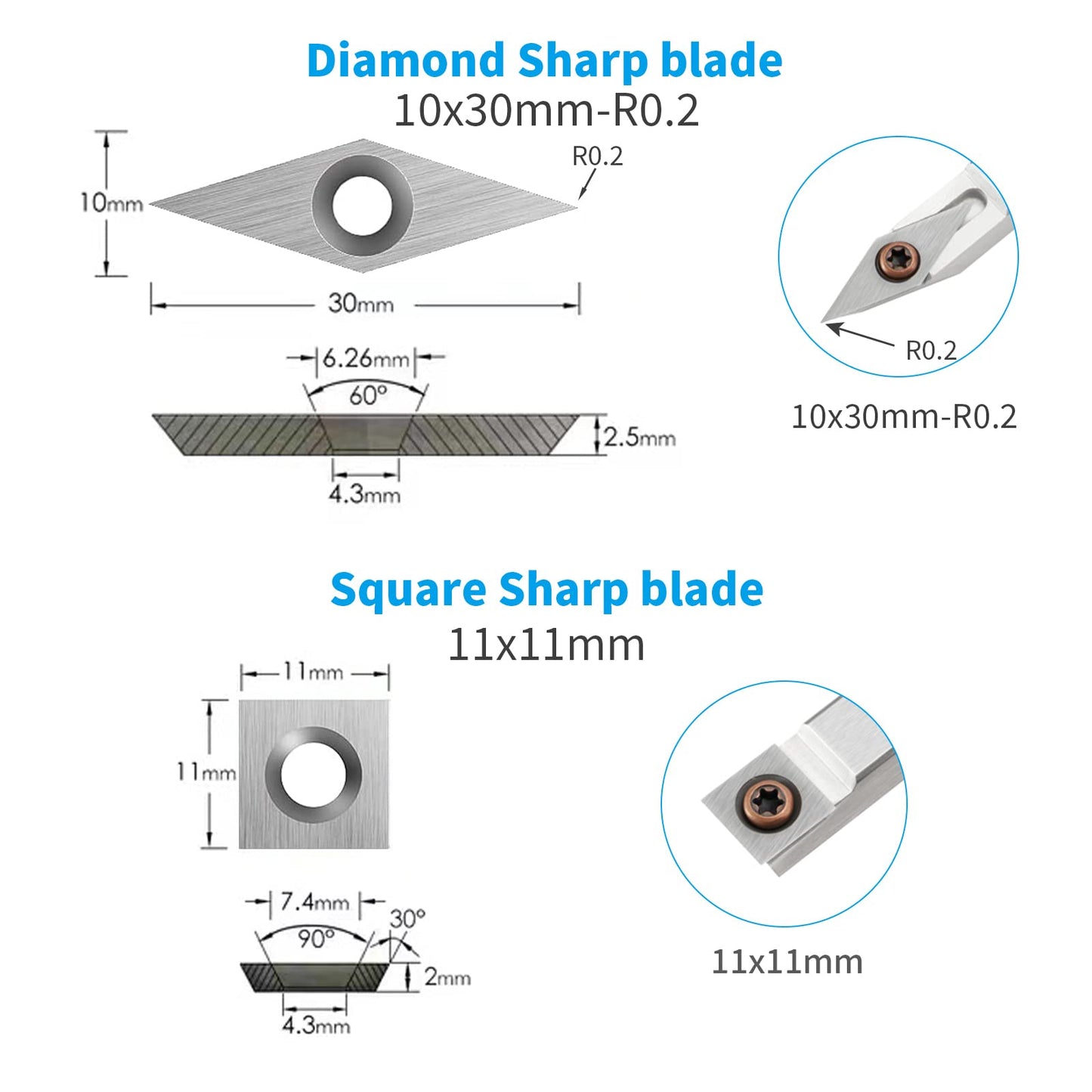 DEEFIINE 18 Pieces Tungsten Carbide Cutters Inserts Set for Wood Lathe Turning Tools Include 11 mm Square with Radius, 12 mm and 8.9 mm Round, 30 x 10 mm Diamond with Pointed Point,6 Pieces screws.