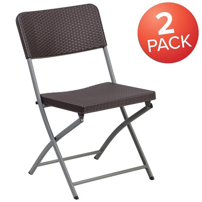 Flash Furniture 2 Pack HERCULES Series Brown Rattan Plastic Folding Chair with Gray Frame