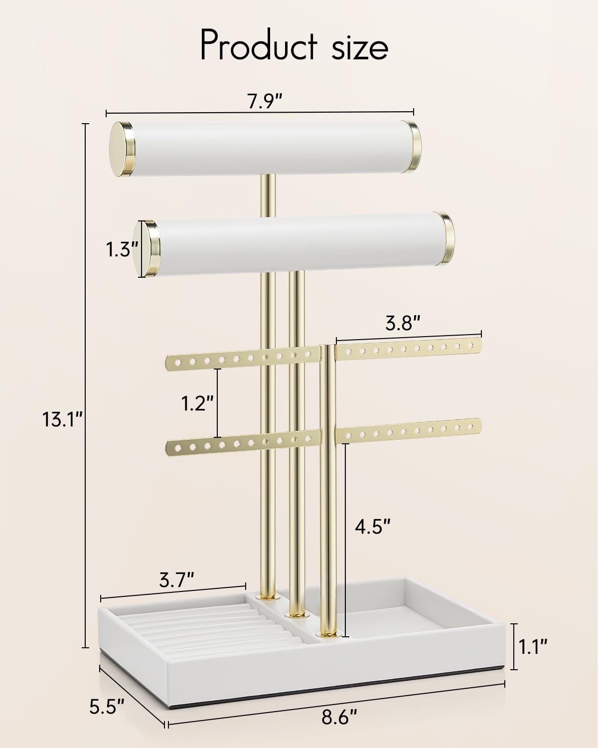 VLANDO 3 Tier Necklace Holder Organizer with Tray, Leather Bracelet Holder Display for Women, Gold Jewelry Stand for Bracelet, Necklace, Earrings, Rings - White