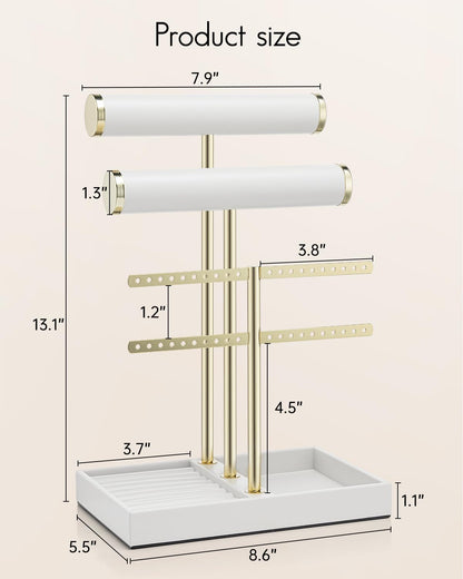 VLANDO 3 Tier Necklace Holder Organizer with Tray, Leather Bracelet Holder Display for Women, Gold Jewelry Stand for Bracelet, Necklace, Earrings, Rings - White