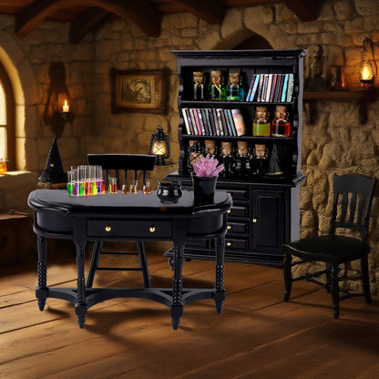 Celltestria 56 Pcs Halloween Miniatures Decorations 1:12 Scale Magic House Accessories Mini Wooden Bookshelf Furniture Set Tiny Sorcery Bottles Books Desk Chair Witch Hat Dollhouse Decor