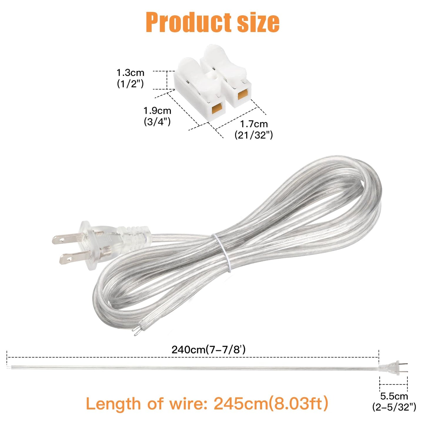 Asjeumt 2 Pcs 8 FT Lamp Cord with Plug, Replacement Lamp Wire with Plug, Clear SPT-2 Lamp Cord Wire 2 Polarized Molded Plug 18 AWG Power Cord, 8 Feet DIY Rewiring Repair Wiring Electrical Light Cords