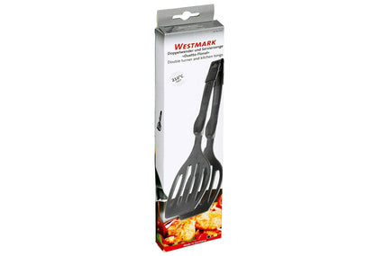 Westmark Double Spatula Tongs – 2 in 1 Flipper Spatula & Grip Tongs, Heat Resistant 410°F (210°C), Barbecue Clamp Flat Spatula, German Design, for Fish, Eggs, Grilled Cheese or Meat, 11 Inch, Black