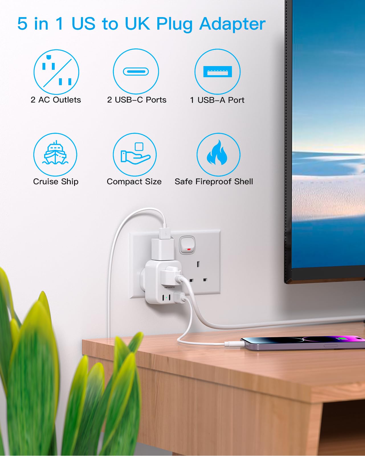 South Africa Travel Plug Adapter, HANYCONY Type M Power Adapter with 2 AC Outlets 3 USB Ports(2 USB C) for US to South Africa Botswana Namibia India Nepal Bhutan Sri Lanka