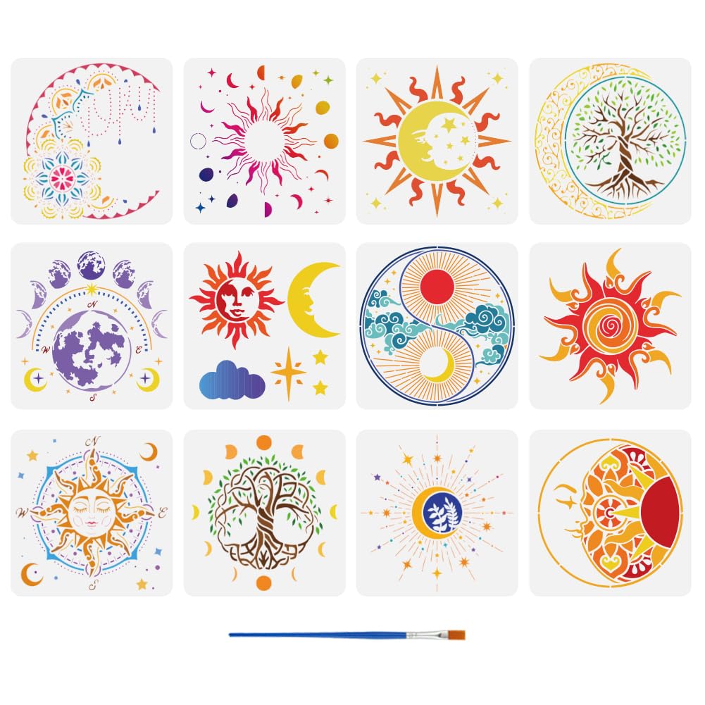 FINGERINSPIRE 12 Pcs Mandala Sun Painting Template with Brush 11.8x11.8inch Moon and Stars Painting Template Tree of Life Painting Stencil Reusable DIY Art Craft Stencil for Wood Floor Wall