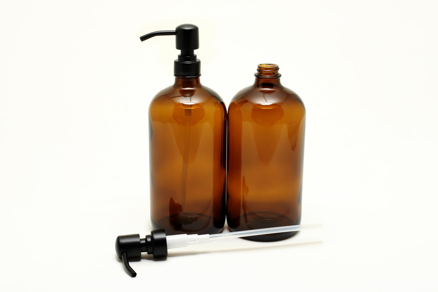 Vivaplex, 2, Large, 32 oz, Empty, Amber Glass Bottles with Stainless Steel, Matte Black, Lotion Pumps