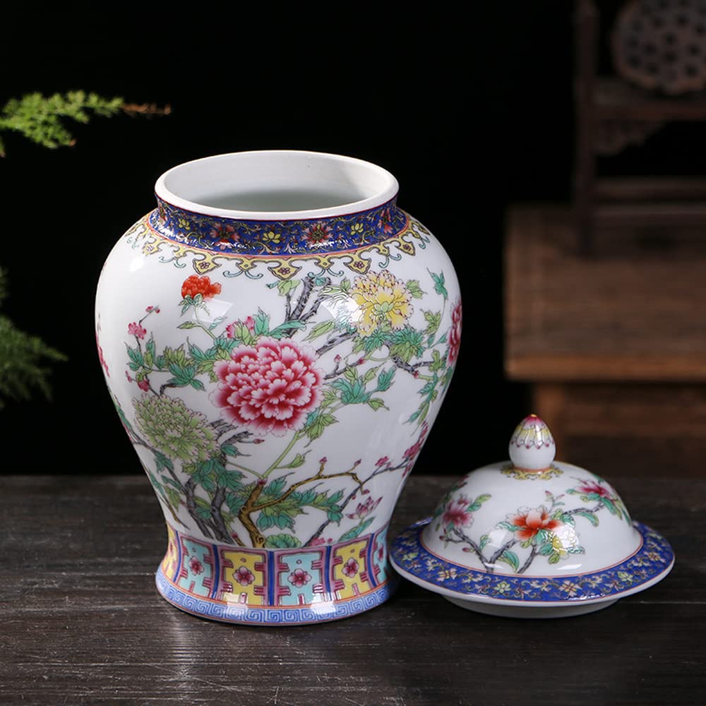 Ceramic Jar with Lid for Home Decor Traditional Chinese Flowers and Birdstemple Handcrafted Porcelain Vase (a) (a One Size)