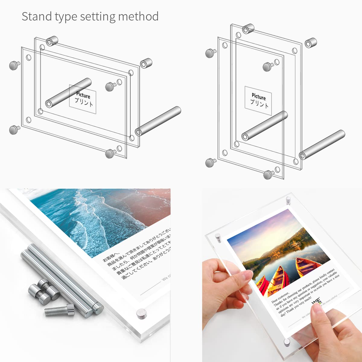 8x10 Modern Acrylic Photo Frame, Clear Glass-Like Desk Picture Frame with Stand off & Hanging String, Frameless Floating Look, Self-Standing Desktop or Wall Mount, Horizontal & Vertical Display