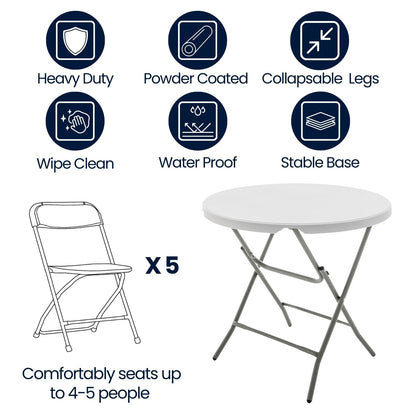 BTEXPERT Set of 10, White 32" Round 30" Height Round Plastic Folding Table Commercial Portable for Picnic Party Event Camping Banquet Card Dining Wedding Home Kitchen Indoor Outdoor
