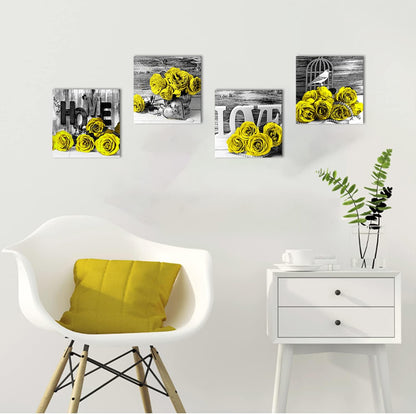 Yellow Rose Wall Pictures for Bedroom: Yellow and Grey Floral Posters, 12x12" 4Pcs, Romantic Flower Canvas Prints