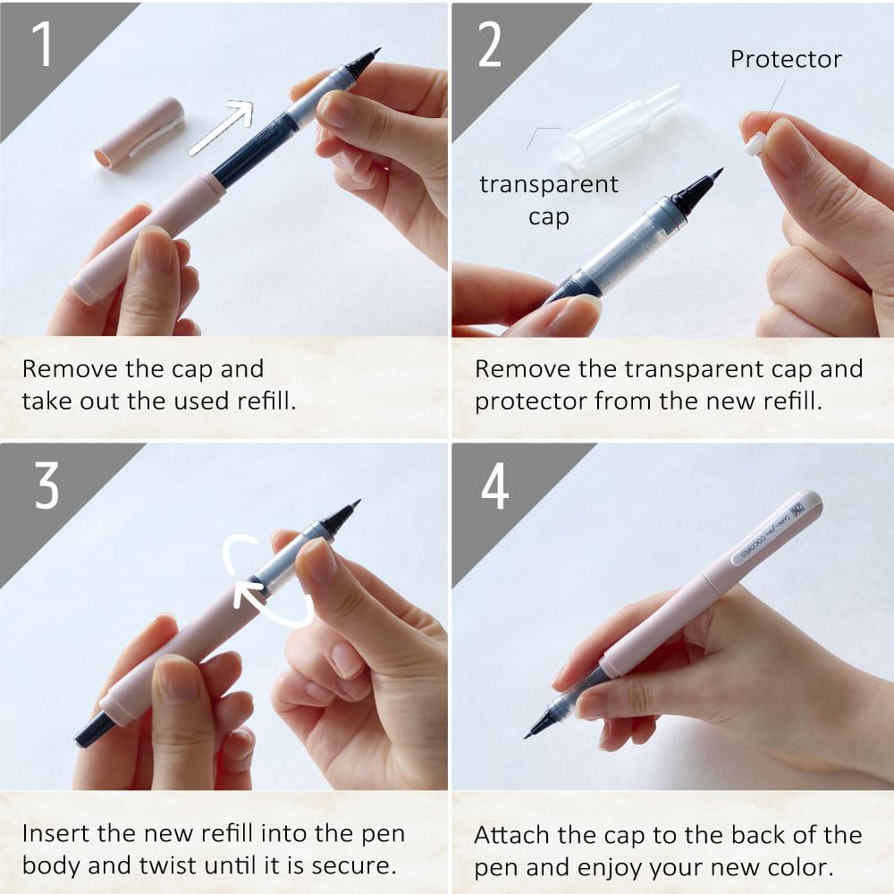 Kuretake ZIG Letter Pen COCOIRO, Body with Black Ink Refill Set, Flexible Extra Fine Brush Tip, Refillable marking Pen for Calligraphy, Hand Lettering, Made in Japan (POTTER'S PINK, Black)