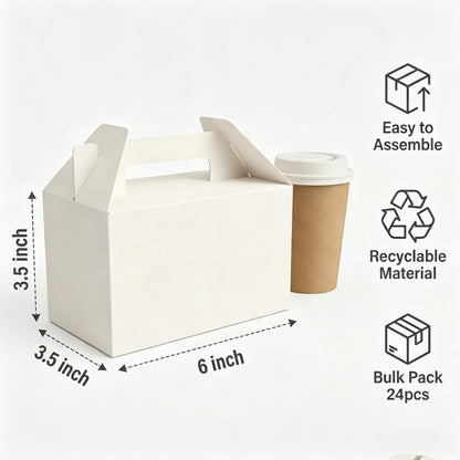 Treelement 24 Pack White Gable Boxes with Handle and Stickers,6×3.5×3.5 Inch Goodie Treat Boxes for Cookie, Party Favors,Birthday,Graduation,Lunch,Holiday Gifting