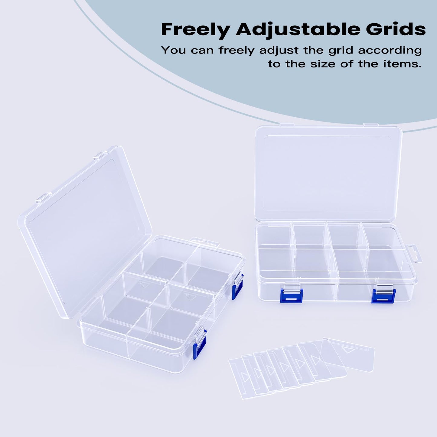 ECBEITF 2 Pcs 8 Grids Clear Plastic Storage Box with Adjustable Dividers, Stackable 8 Compartments Small Organiser Box Container for Accessories Beads Jewelry Earring Tool, 7.48×5.23×1.8 Inches