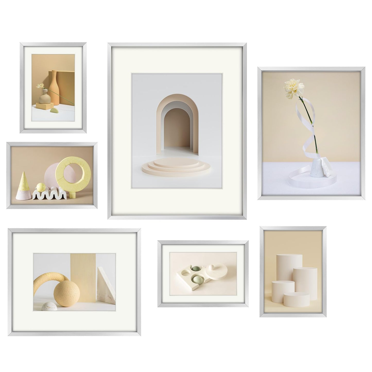 Frametory, Aluminum Picture Frames Set of 7 - Silver Gallery Wall Kit - Display One 11x14, Two 8x10, and Four 5x7 inch Photos for Home Decoration