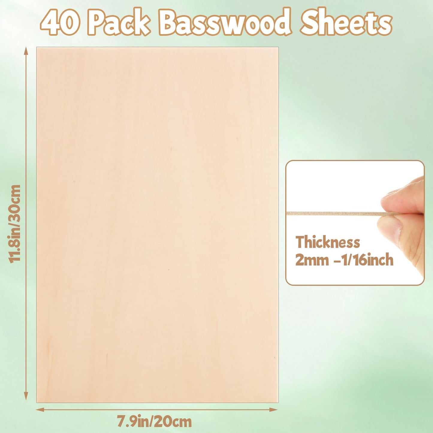 ZUQIAN 40 Pack Basswood Sheets, 7.8"x11.8" Craft Plywood Sheets, 2mm 1/13 inch Basswood for Laser Cutting, Plywood Board Unfinished Wood for Models Engraving Drawing, Crafts DIY Ornaments