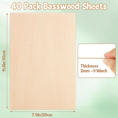 ZUQIAN 40 Pack Basswood Sheets, 7.8"x11.8" Craft Plywood Sheets, 2mm 1/13 inch Basswood for Laser Cutting, Plywood Board Unfinished Wood for Models Engraving Drawing, Crafts DIY Ornaments