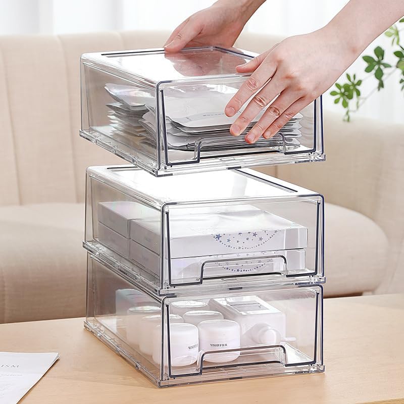 SIMPEXPE Stackable Storage Drawer, Clear Pull Out Plastic Food Fridge Organizer Bins for Home Office Pantry Organization