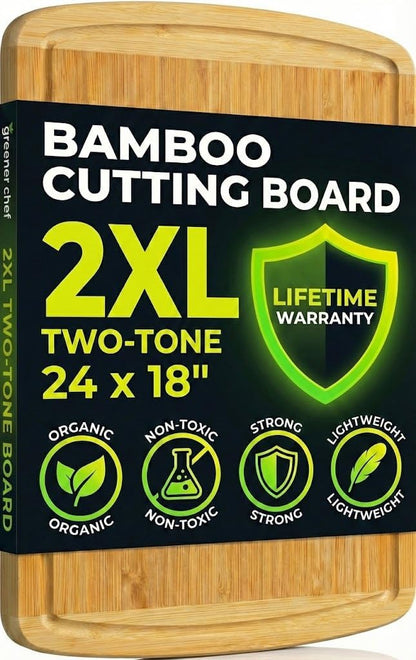 24 Inch 2XL GREENER CHEF Bamboo Cutting Board with Lifetime Replacement - Extra Large Wooden Butcher Block for Kitchen