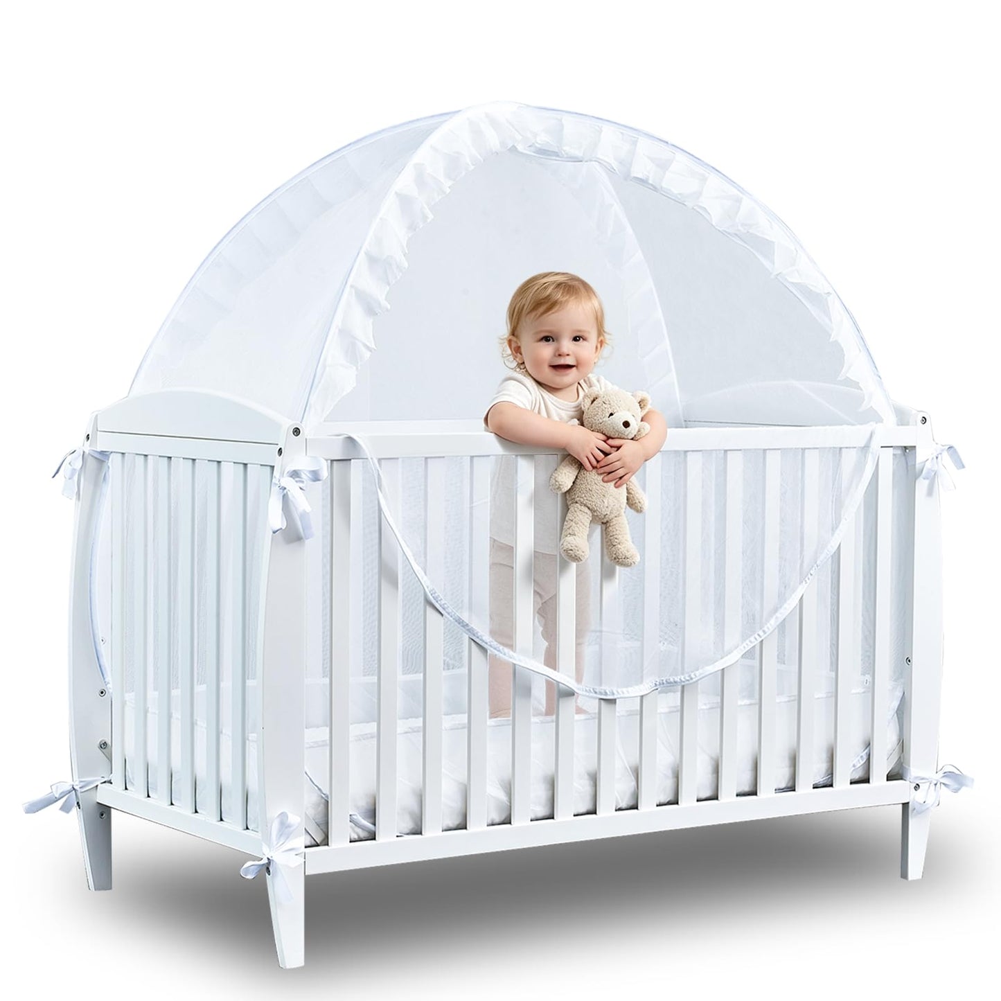 Baby Crib Tent Safety Net to Keep Baby in, Pop Up Crib Tent Canopy Keep Baby from Climbing Out, Mosquito Net for Baby Crib, Ultra Stable Frame, Durable Strong Self-Locking Zipper, White