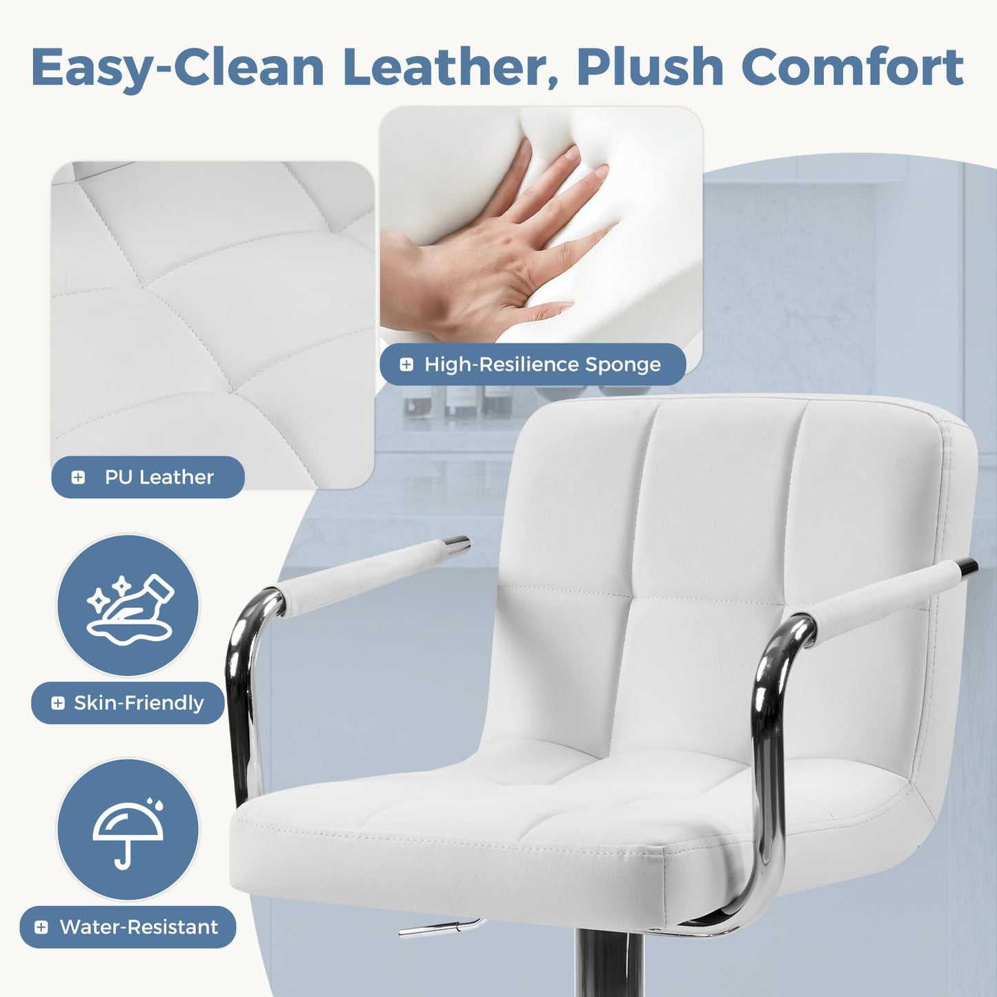 DUMOS Bar Stools Set of 4, Adjustable Swivel Bar Chairs with Padded Armrests and Ergonomic Backrest for Kitchen Island Counter Pub Dining Room, Water-Resistant PU Leather, White
