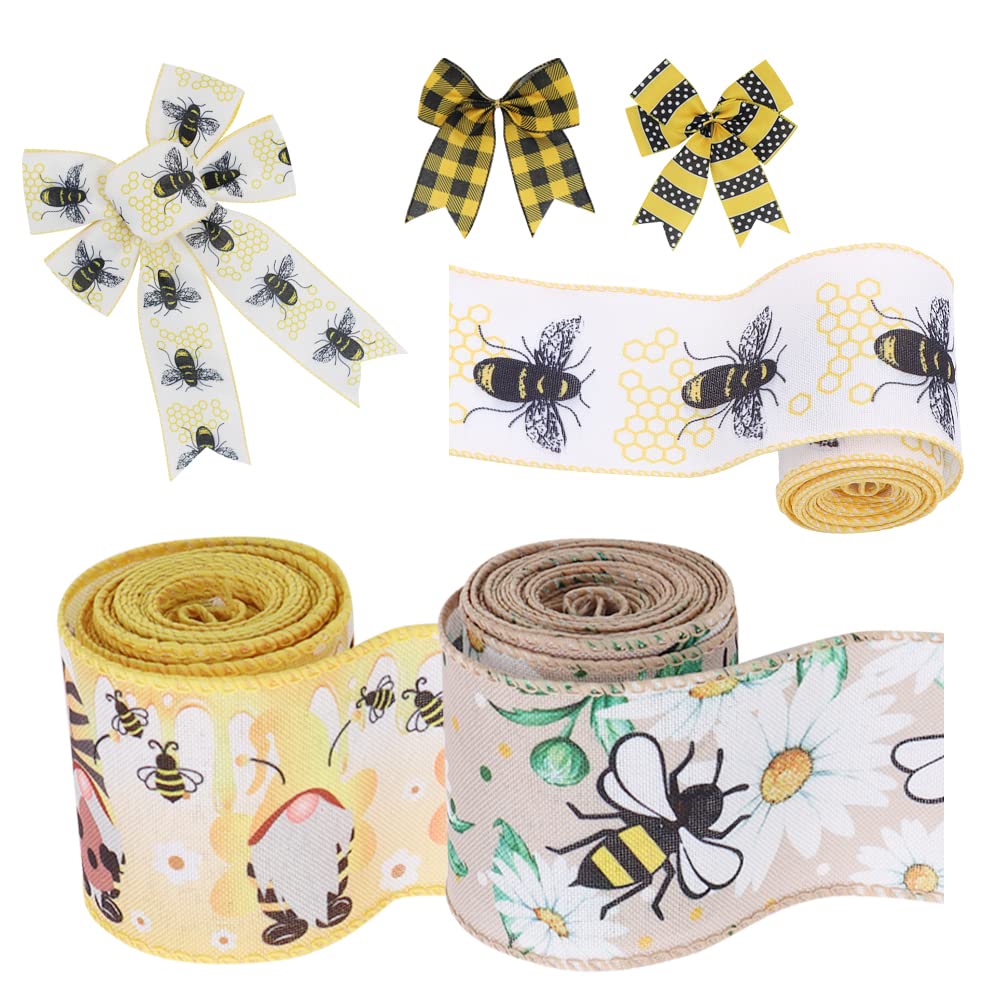 SiCai Ribbon 6 Rolls 30 Yards Bee Ribbon,Wired Edge Ribbon,Honey Ribbon for Spring Summer Craft Wrapping,2.5 inches Stripes,Polka,Dots,Gnome Ribbons Floral Arrangements,Packages,Home Decor