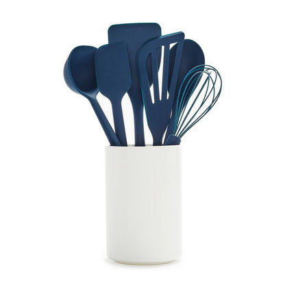 GreenPan Silicone 6 Piece Cooking Utensil Set & Holder, Spoon, Spatulas, Whisk, Ladle, Flexible Nonstick Kitchen Tools, Steel Core Heat-Resistant Anti-Slip Handle BPA-Free Dishwasher Safe, Oxford Blue