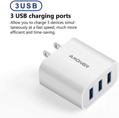 USB Wall Charger, Amoner 2Pack 15W 3-Port USB Charger Block iPhone Cube Charging Blocks for iPhone 14/13/12/11/X/XR/X/8/7/6, Galaxy, Android Phones and More