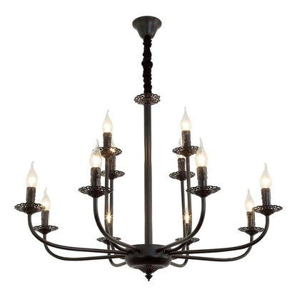 Wrought Iron Chandelier Candle Light Black Metal Lighting Fixture for Living Room Foyer Art Hanging Pendant Lamp,Luxury Style