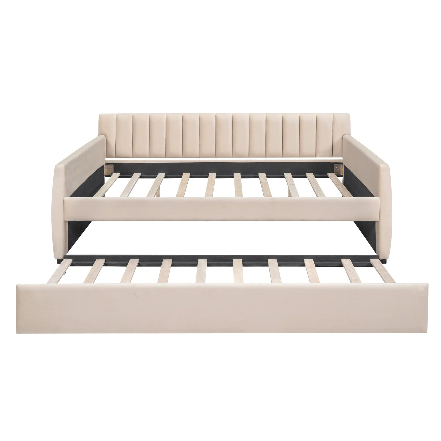 Favfurish Velvet Upholstered Full Size Daybed with Trundle, Solid Wooden Sofa Bed Frame w/Vertical Stripes Designed Backrest and Pine Legs, No Box Spring Needed