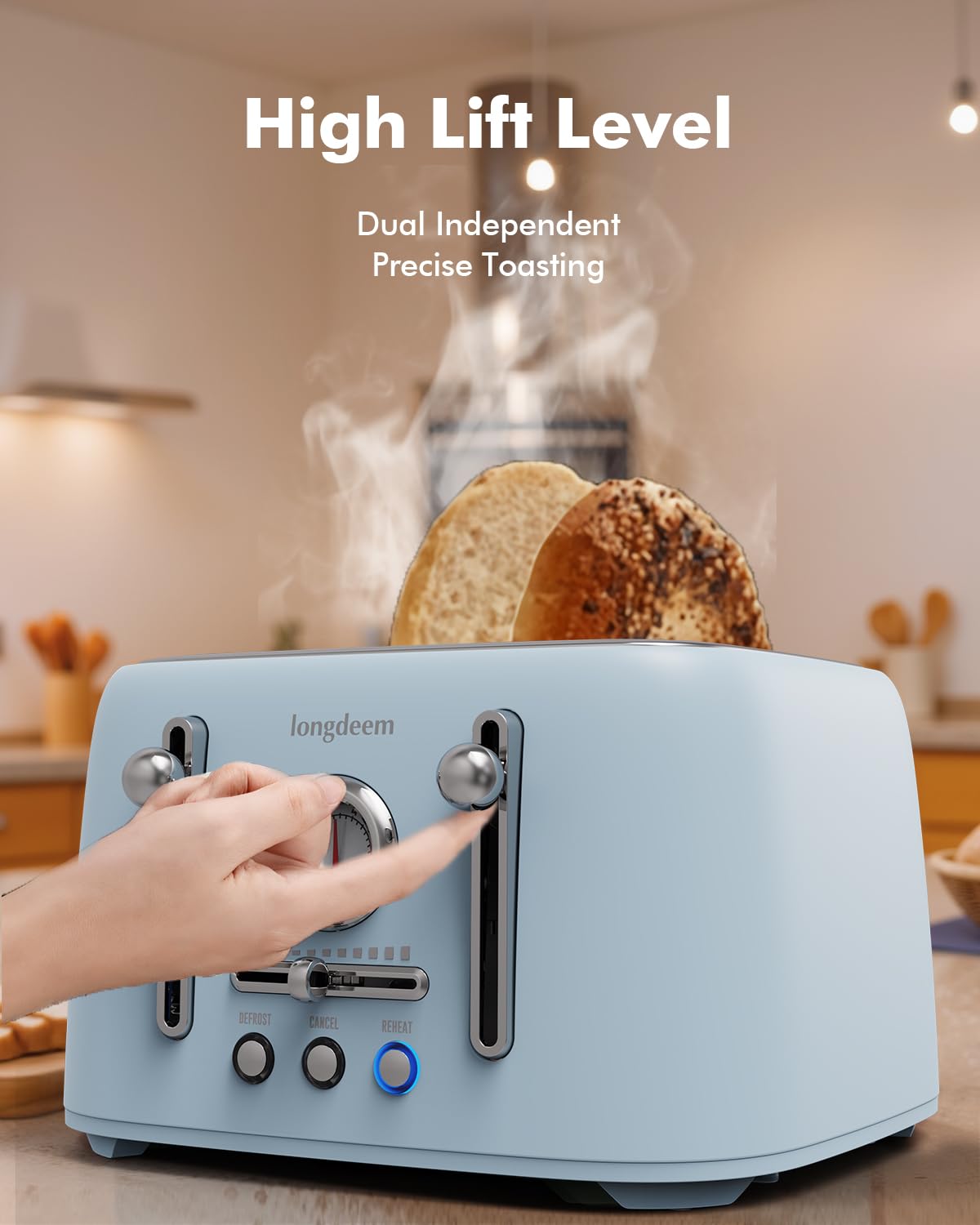 LONGDEEM 4-Slice Retro Toaster, 1.6" Extra-Wide Slots, 6 Browning Levels, Bagel/Defrost/Cancel, Stainless Steel, Compact Blue