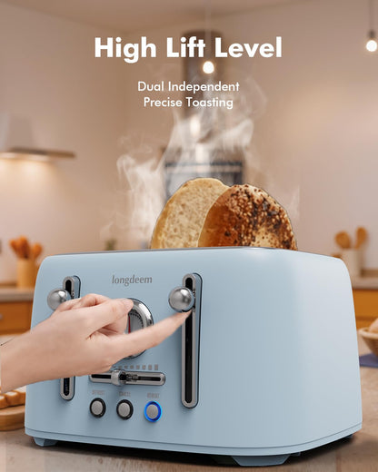 LONGDEEM 4-Slice Retro Toaster, 1.6" Extra-Wide Slots, 6 Browning Levels, Bagel/Defrost/Cancel, Stainless Steel, Compact Blue