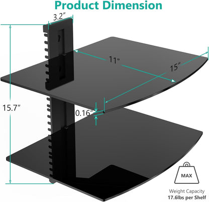 2 17.6lbs (CS202B), 2-Shelf, WALI Floating TV Shelf, Tier Glass Projector Shelf for DVD Players, Routers, Game