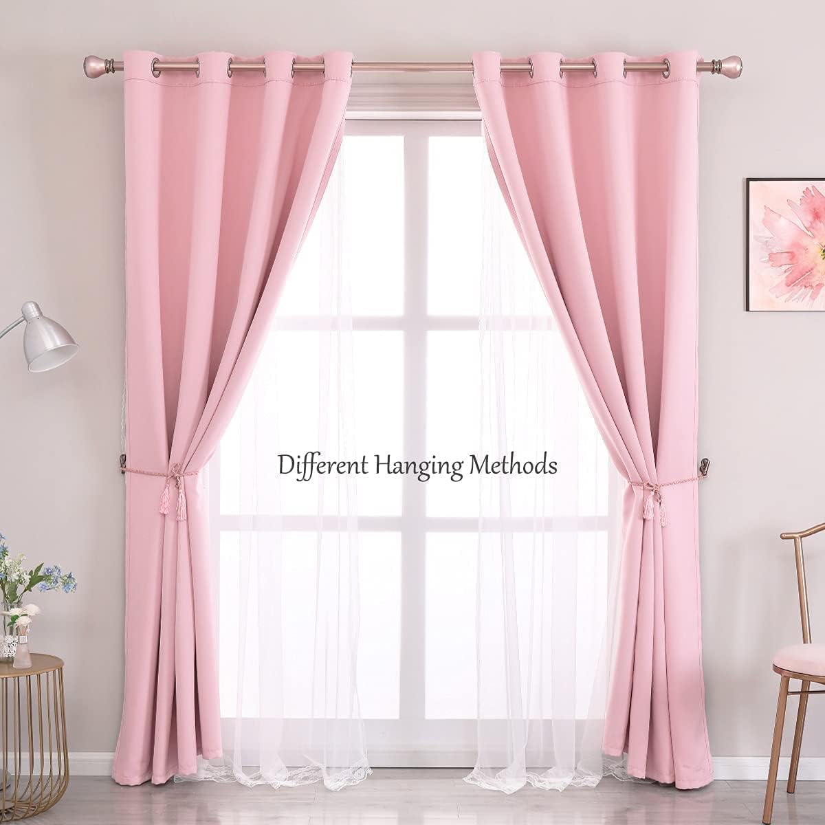 2 52x84 Inches Pink Blackout Curtains with Sheer Overlay, Panels, Thermal Insulated & Soundproof, Lace Trim