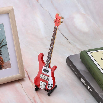 Red Miniature Bass Guitar Wood Replica Model Ornament - Adjustable Stand Mini Art Projects Christmas Gift