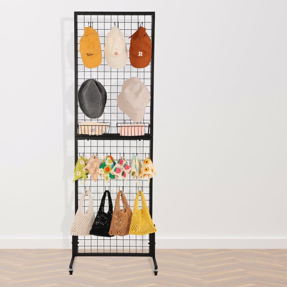 OUDUCK 1.8' x 5.7' Grid Wall Panels Standing Wire Grid, Display Rack with T-Base Wheels Freestanding Gridwall Panel Tower for Shows, Black