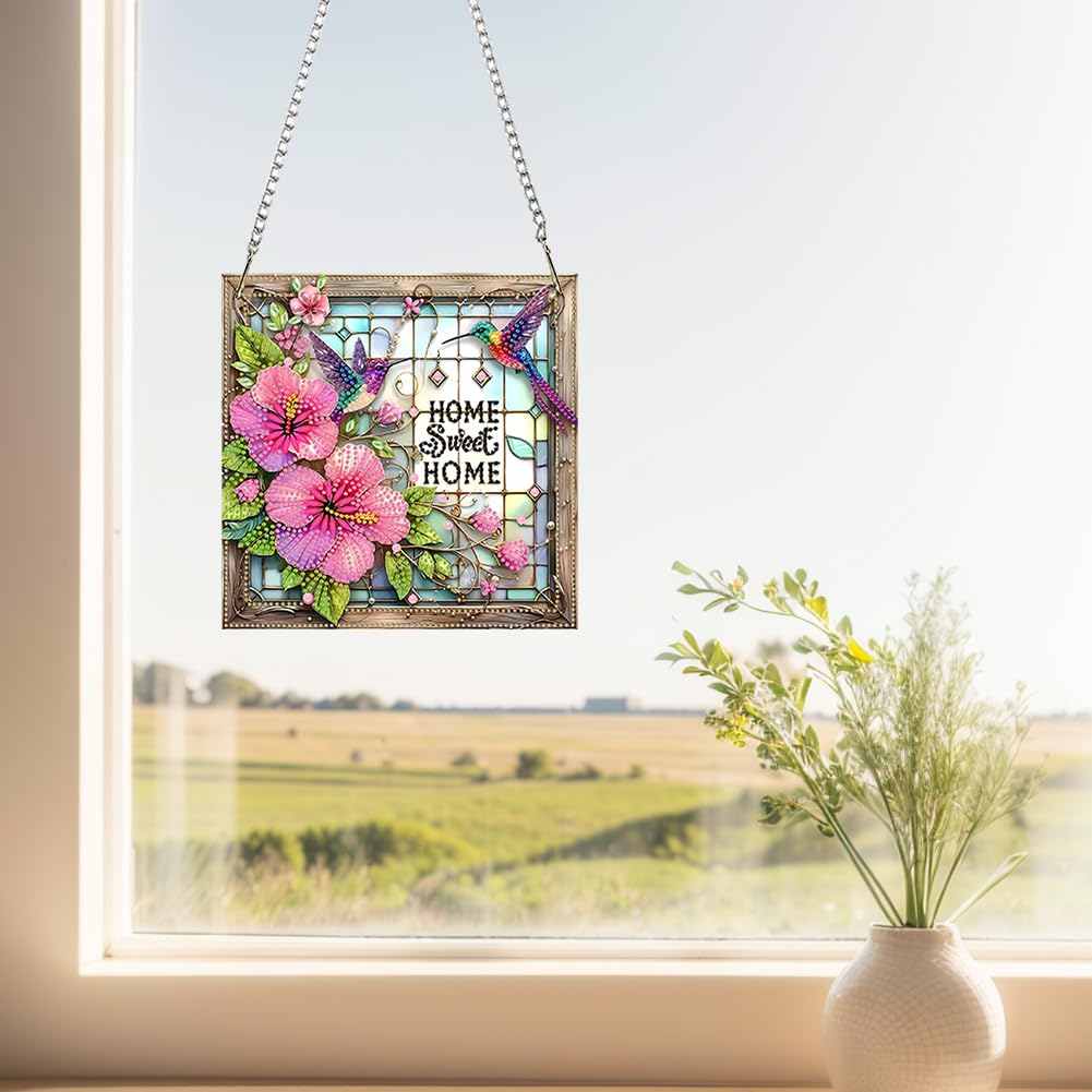 C'eitura Acrylic Special Shape Sweet Home Pink Flower 5D DIY Diamond Art Painting Hanging Pendant Rhinestone Crafts for Garden Window Decor