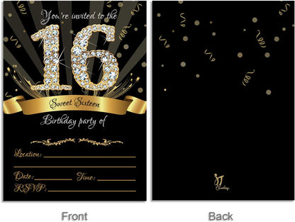 25 Sweet Sixteen Black Double-Sided Party Invitations Kit, 5x7, with Gold Metallic Pen and Envelopes