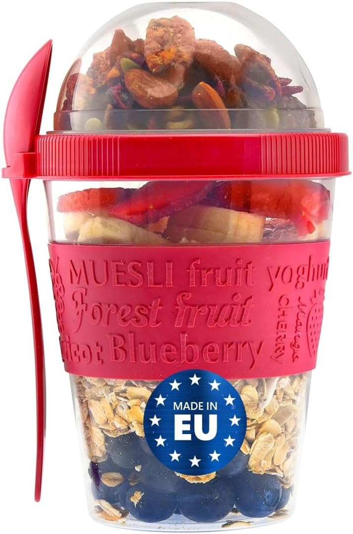 20oz (1) Tribello On the Go Yogurt Parfait Cups with Lids, Topping Compartment & Spoon, Parfait Cups for Breakfast Meal