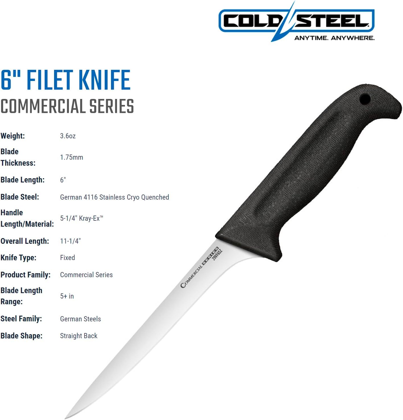Cold Steel 6" Filet Knife - German 4116 Stainless Steel Fixed Blade for Game & Fish Processing