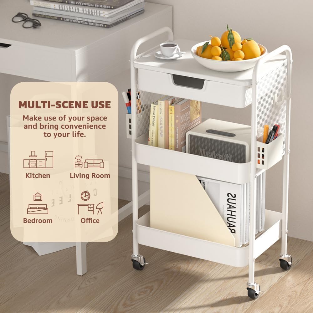 HIDODO 3 Tier Rolling Cart with Drawer, Metal Rolling Utility Cart on Wheels with Pegboard, Art Cart Storage Organizer with Tabletop for Living Room, Office, Bedroom (White)